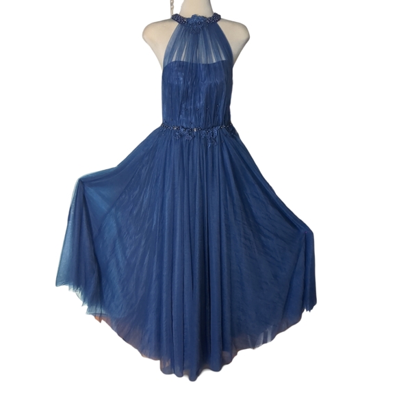 Luxury Designer Blue Beaded Embroidery Illusion Halter \ Ball Gown Blue Size S - Picture 7 of 16